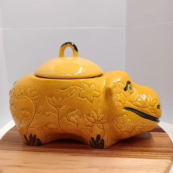 Doranne of CA Smiling Yellow Gold Hippo W/ Flowers Retro Vintage Cookie Jar MCM